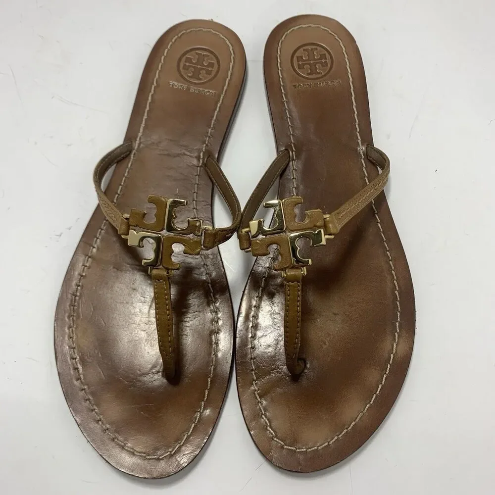 Tory Burch Golden Metal Logo T-Strap Leather Flat Sandals Size 9 Womens